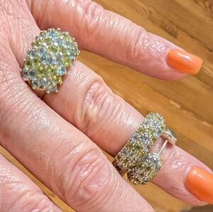 925 Silver Beta Ring & Earrings Set Peridot Green Blue Topaz Gemstones Jewelry